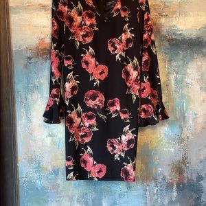 Black floral print flutter sleeve dress